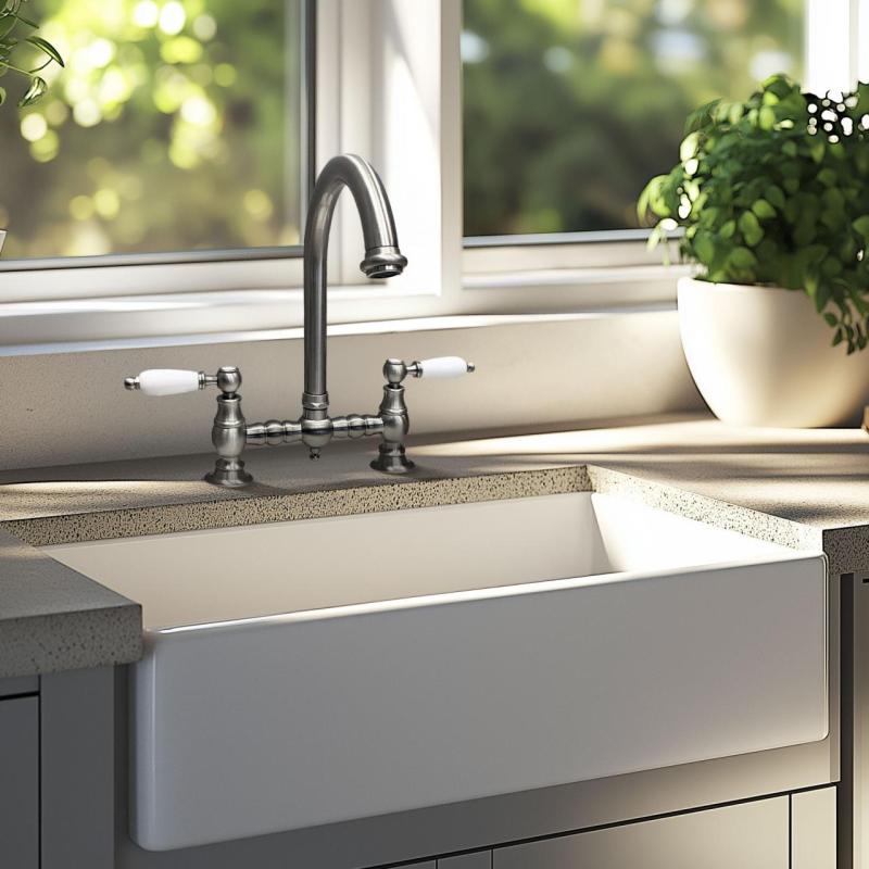 PB Nostalgiczna bateria kuchenna mostkowa ze stali nierdzewnej z okrągłą wylewką i białymi uchwytami PBN.RVS.R.WH