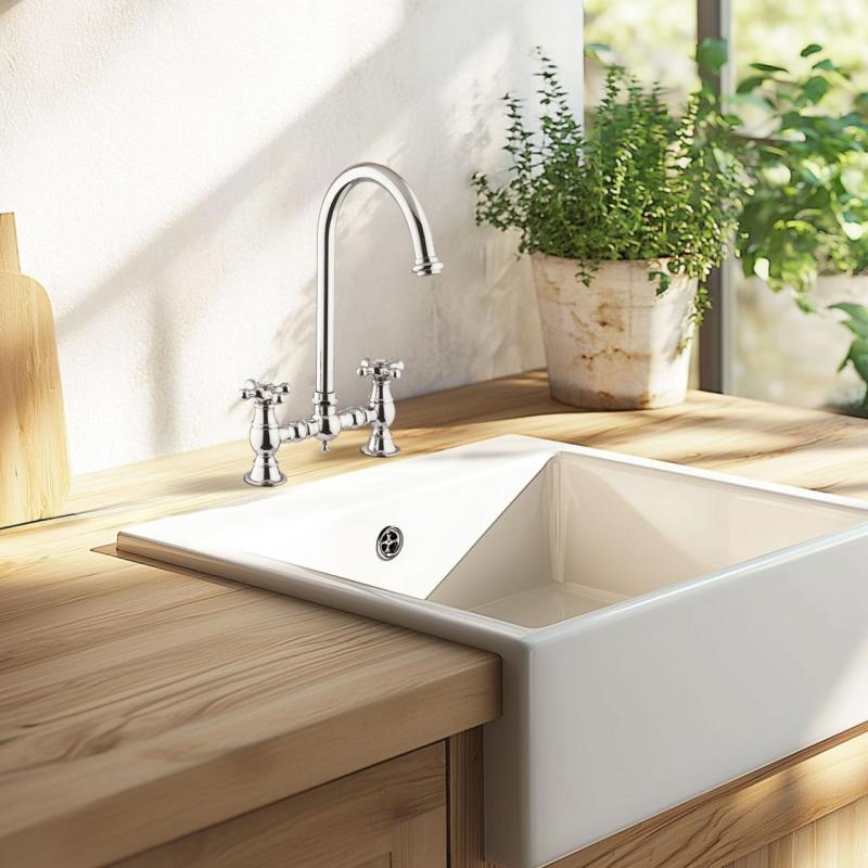 PB Nostalgiczna Kran Kuchenna Chromowana z Okrągłą Wylewką i Gwiazdkowymi Uchwytami PBN.CHR.R.ST