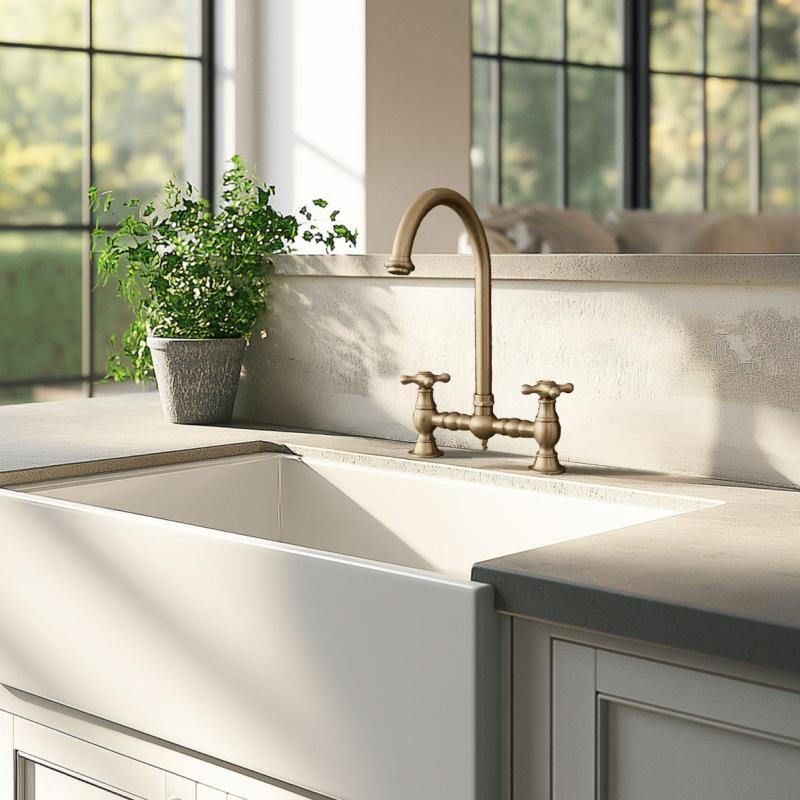 PB Nostalgiczna Kuchenny Kran z Mostkiem Brązowy z Okrągłą Wylewką i Gwiazdkowymi Pokrętłami PBN.BRO.R.ST