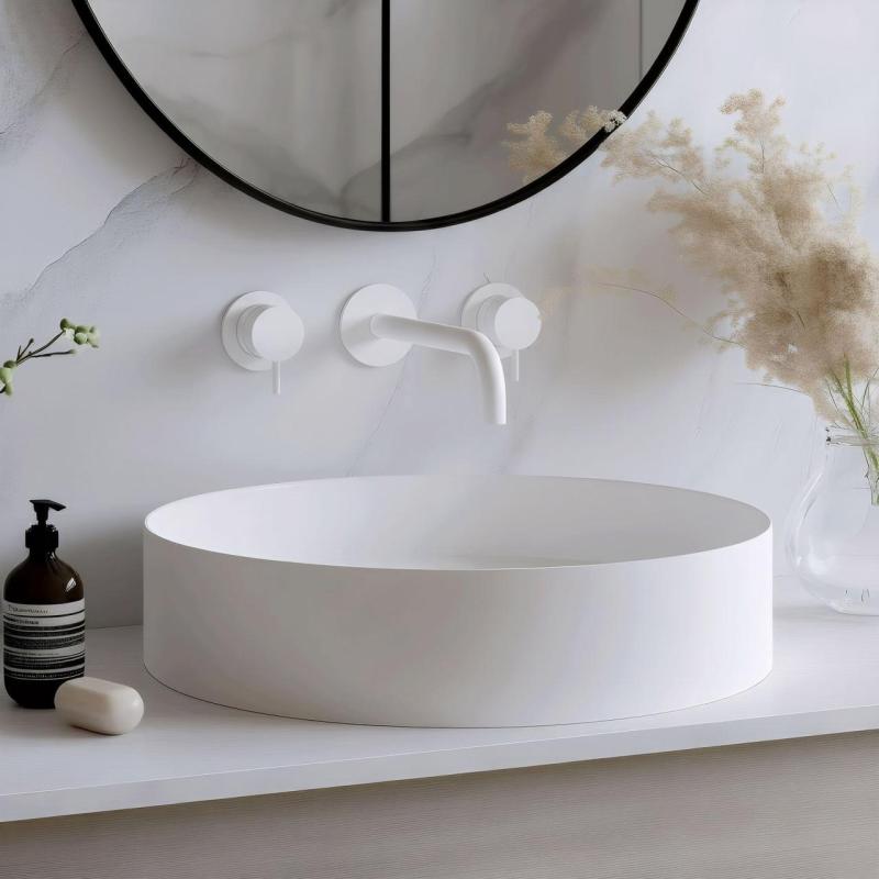 Waterevolution Flow 3-otworowa bateria umywalkowa do montażu podtynkowego, matowa biel, wylewka 15 cm T1163FBR-15