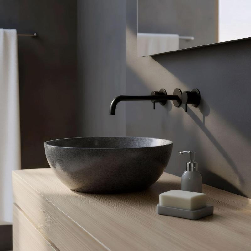 Waterevolution Flow 3-otworowa bateria umywalkowa do montażu podtynkowego, matowa czerń, wylewka 25 cm T1163FPR-25