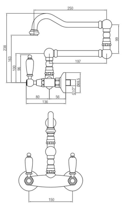 PB klasyczny kran Montaż naścienny Białe uchwyty Dodatkowo długa obrotowa wylewka Stal nierdzewna 1208854252