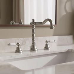 PB klasyczna bateria umywalkowa 3-otworowa Białe uchwyty Stal nierdzewna 1208854282