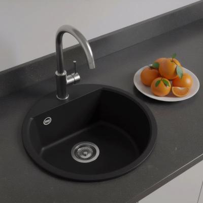 GraniteMy Bremen okrągły granitowy zlew 43 cm czarny nablatowy i podblatowy z półką na baterię ze stalowym korkiem 1208953206