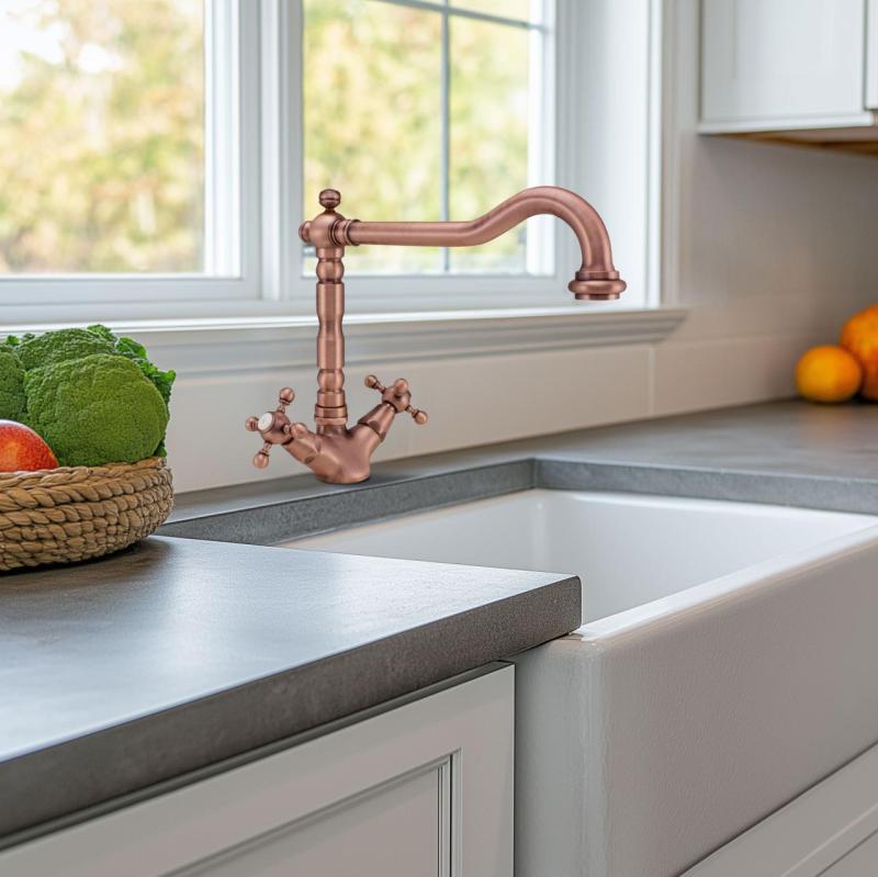 Nostalgiczny klasyczny kran kuchenny V1910 Miedź z obrotową wylewką 1208953526