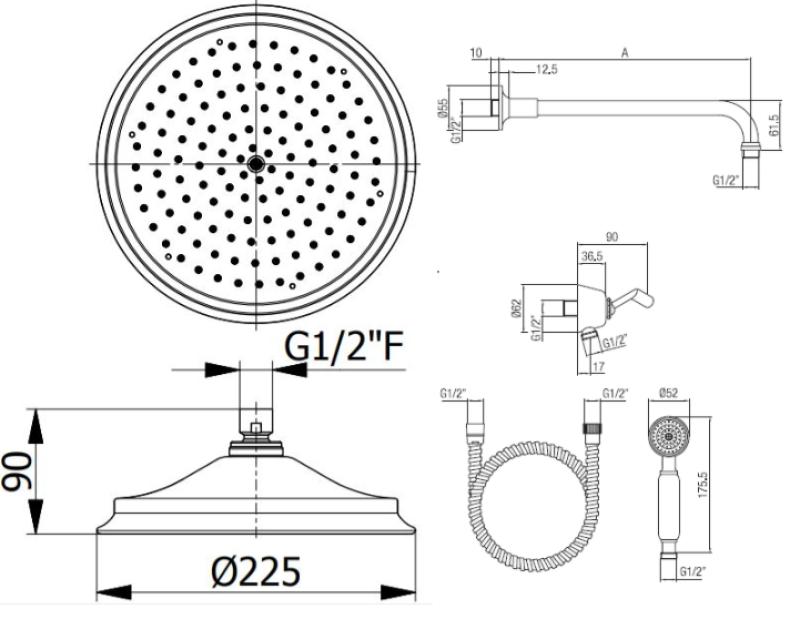 PB Classic nostalgiczny klasyczny zestaw prysznicowy podtynkowy chromowany z rączką prysznicową i deszczownicą 225mm 1208953841