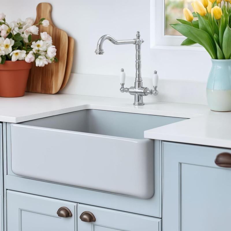 PB Nostalgiczny klasyczny wiejski kran kuchenny chromowany z białymi uchwytami 1208953911