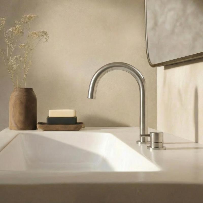 Waterevolution Flow 2-otworowa bateria umywalkowa w całości wykonana ze stali nierdzewnej z niską wylewką U 200mm T1121UIE