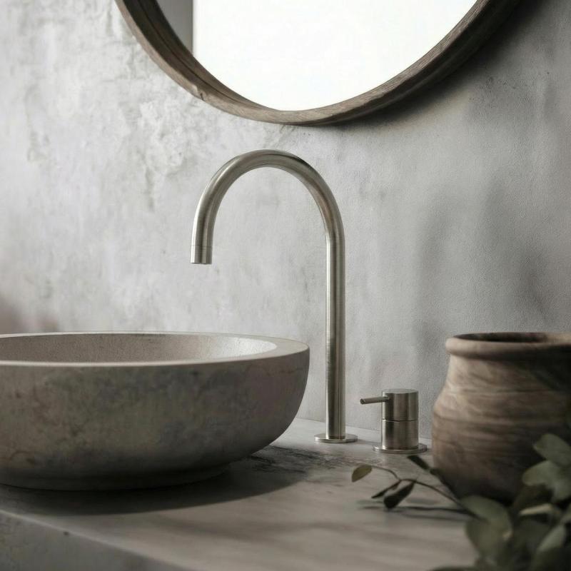 Waterevolution Flow 2-otworowa bateria umywalkowa, całkowicie ze stali nierdzewnej, z wysokim wylewką 200 mm T1122UIE