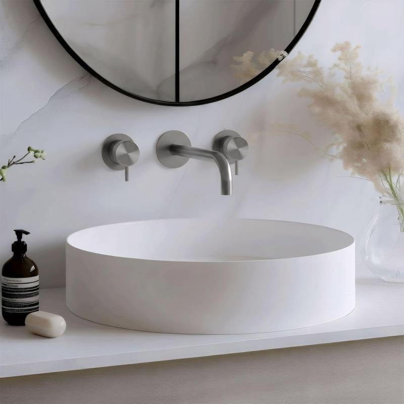 Waterevolution Flow 3-otworowa bateria umywalkowa do montażu podtynkowego, w całości ze stali nierdzewnej, z wylewką 15 cm T1163FIE-15