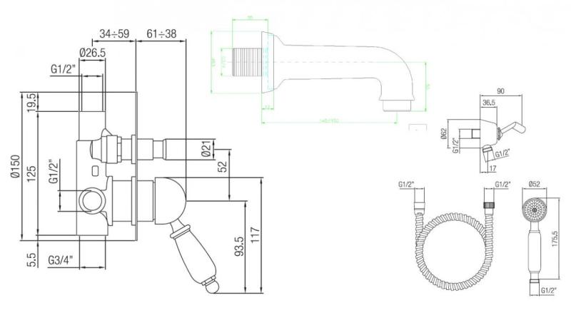 PB nostalgiczny zestaw wannowy podtynkowy ze stali nierdzewnej