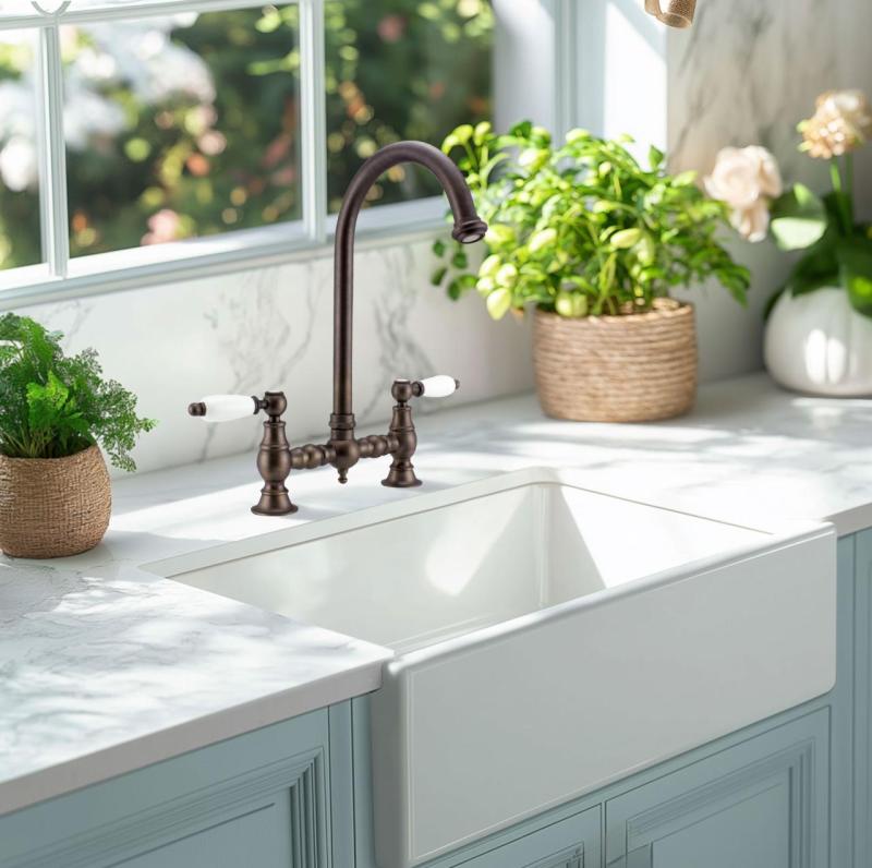 PB Nostalgiczna bateria kuchenna ciemny brąz z okrągłą wylewką i białymi uchwytami 1208954665