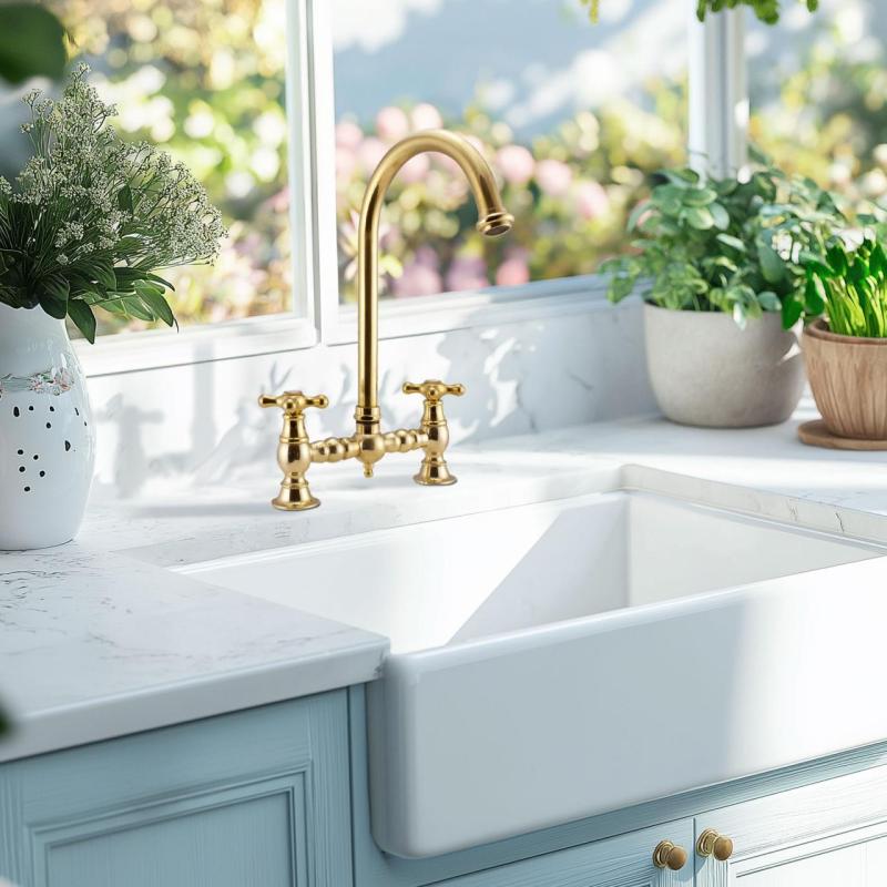 PB Nostalgiczny Kran Kuchenny Mostek Mosiądz Naturalny Okrągła Wylewka z Gwiazdkowymi Pokrętłami 1208954669