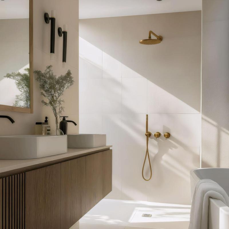 Waterevolution Flow zestaw prysznicowy podtynkowy z termostatem, deszczownicą i słuchawką prysznicową, szczotkowany mosiądz