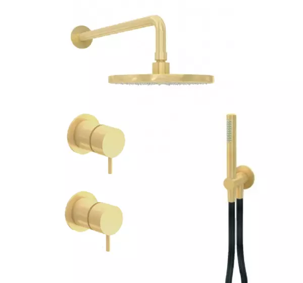 Waterevolution Flow inbouw doucheset met thermostaat regendouche en handdouche geborsteld light gold PVD

---

Zestaw natryskowy podtynkowy Waterevolution Flow z termostatem, deszczownicą i s