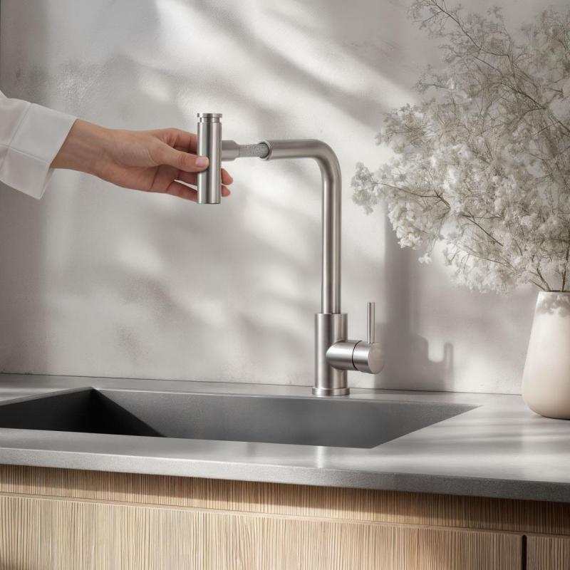 Quadri Cardiff bateria kuchenna z wyciąganą wylewką, z dwoma rodzajami strumienia, wykonana ze stali nierdzewnej, model 1208955914.