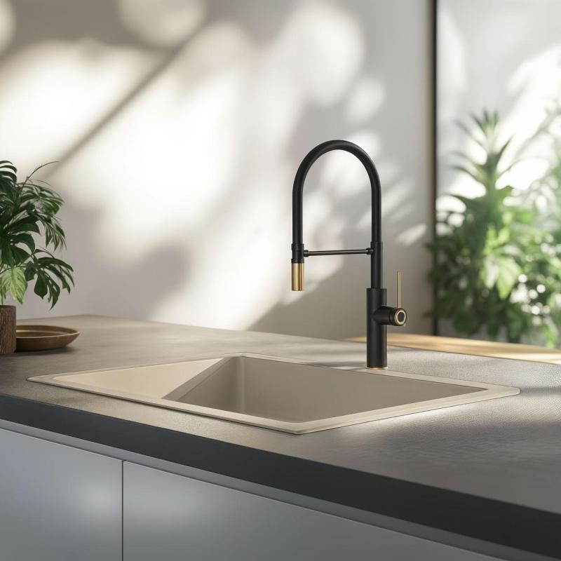 Quadri Retford Baterie Kuchenna Czarna ze Złotym Wykończeniem i Elastyczną Czarną Wylewką 1208956092