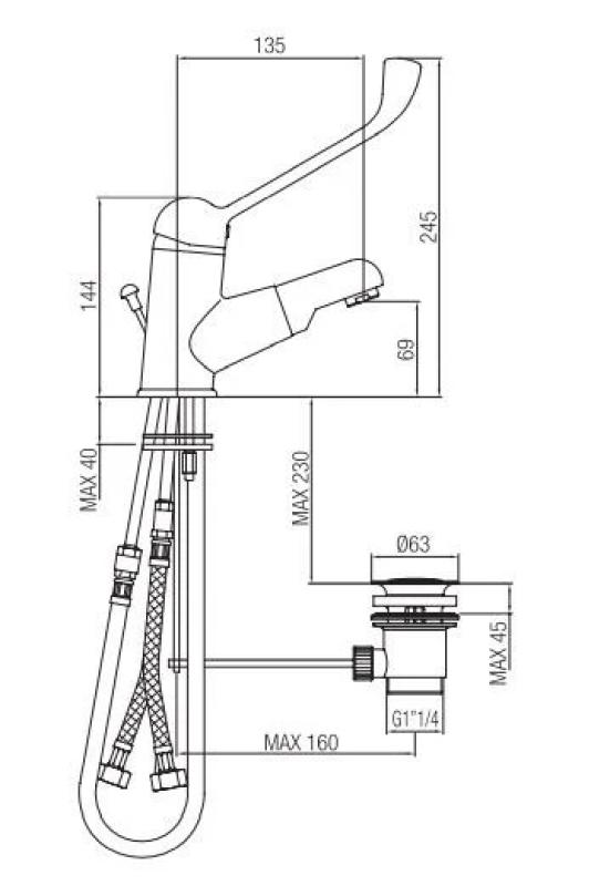 PB Clinic kran umywalkowy dla osób niepełnosprawnych z długą dźwignią i wyciąganą wylewką chrom 1208956272