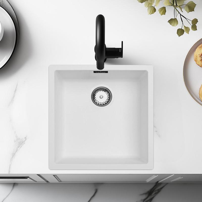 Biały zlew 40x40cm do montażu podblatowego, nablatowego i wpuszczanego z korkiem ze stali nierdzewnej 1208956392