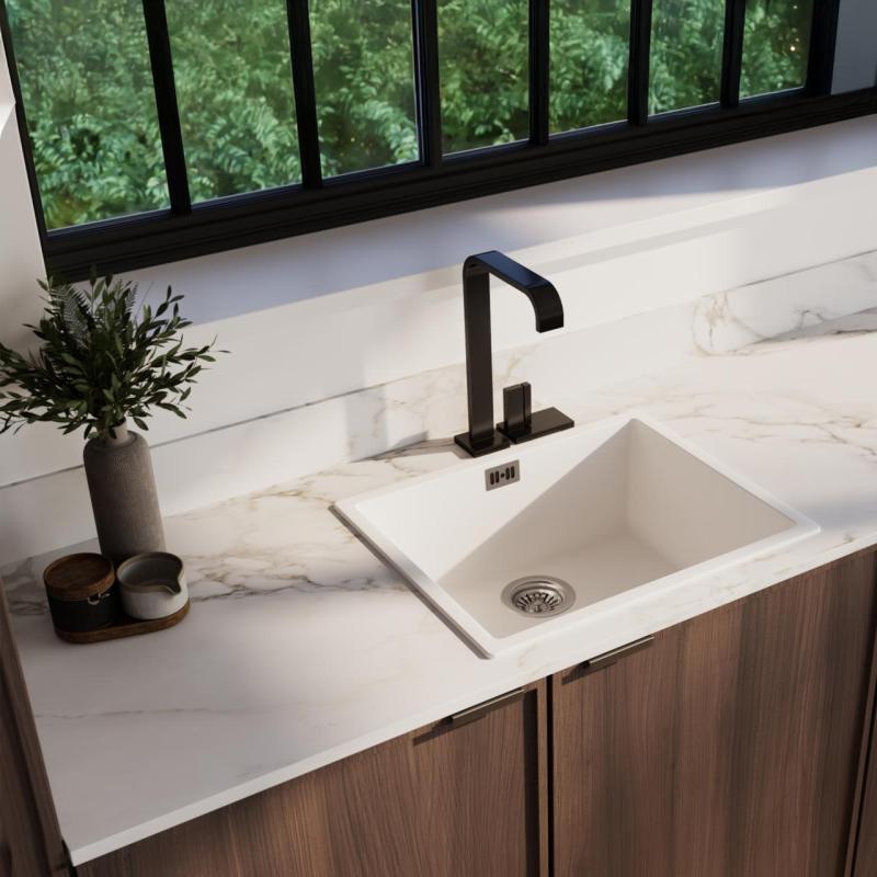 Biały zlew 50x40 cm do montażu podwieszanego, na blacie i wpuszczanego z korkiem ze stali nierdzewnej 1208956397