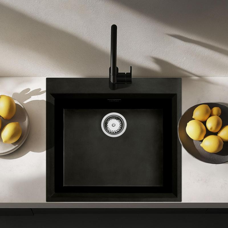Czarna umywalka nablatowa 58 x 53 cm z otworem na baterię i zatyczką ze stali nierdzewnej 1208956732