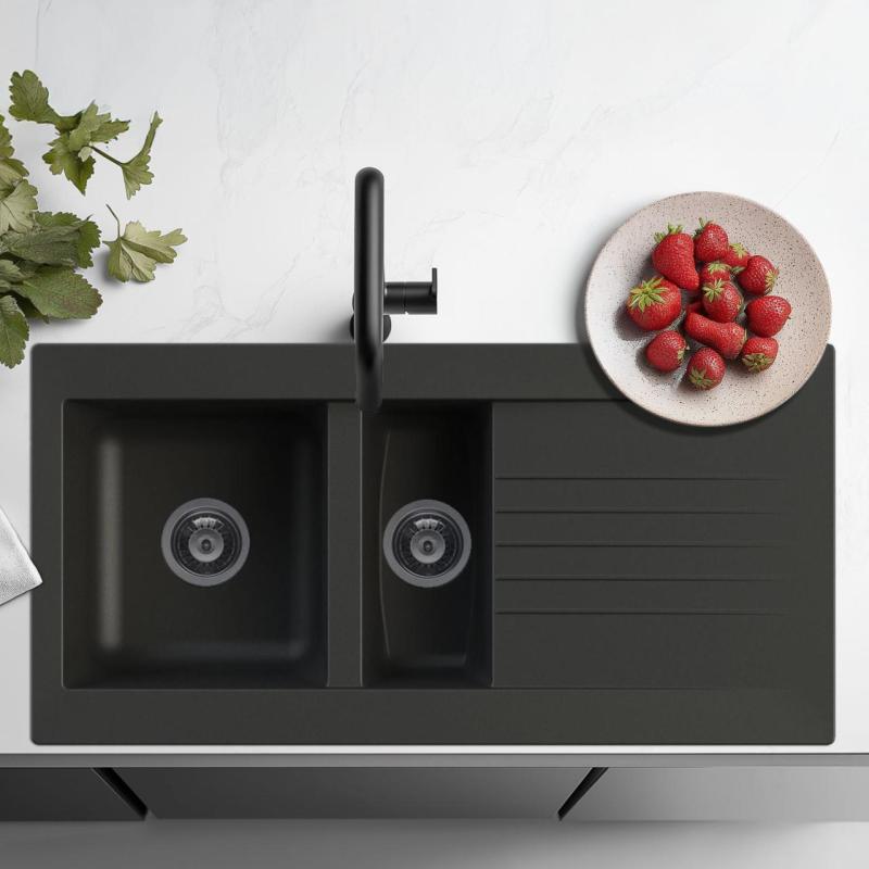 Ausmann Fibre 1,5 czarna plastikowa umywalka odwracalna z ociekaczem, montaż natynkowy 100x50 cm 1208956783