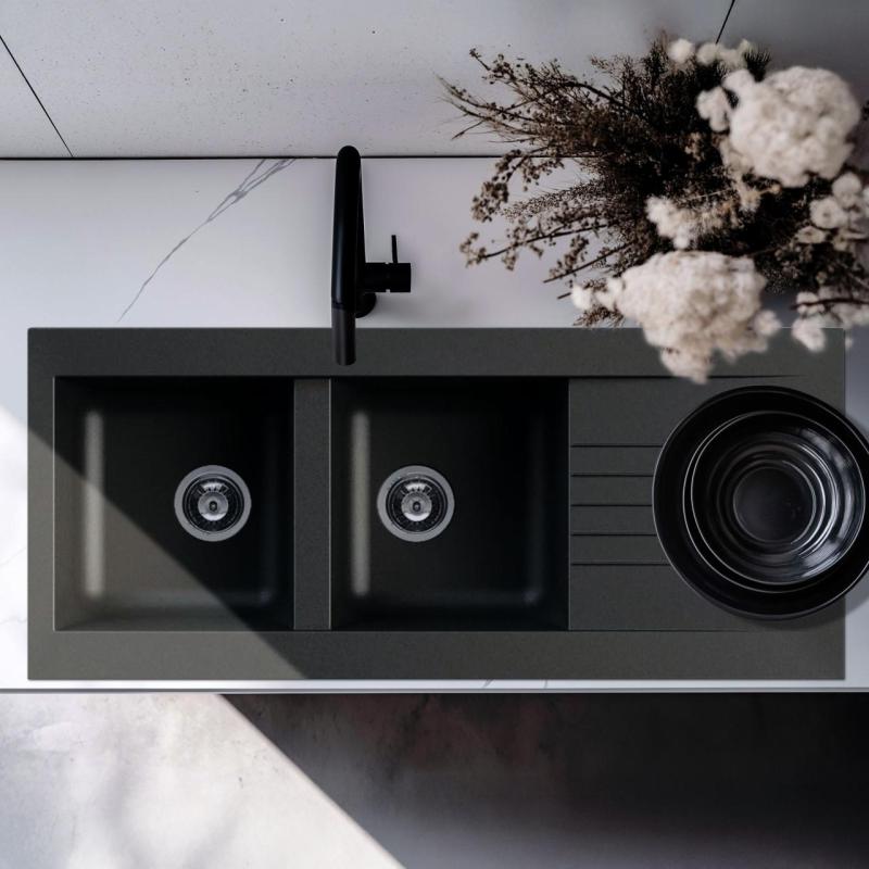 Ausmann Fibre podwójny czarny plastikowy zlew odwracalny z ociekaczem, montaż na blacie 116x50 cm 1208956787