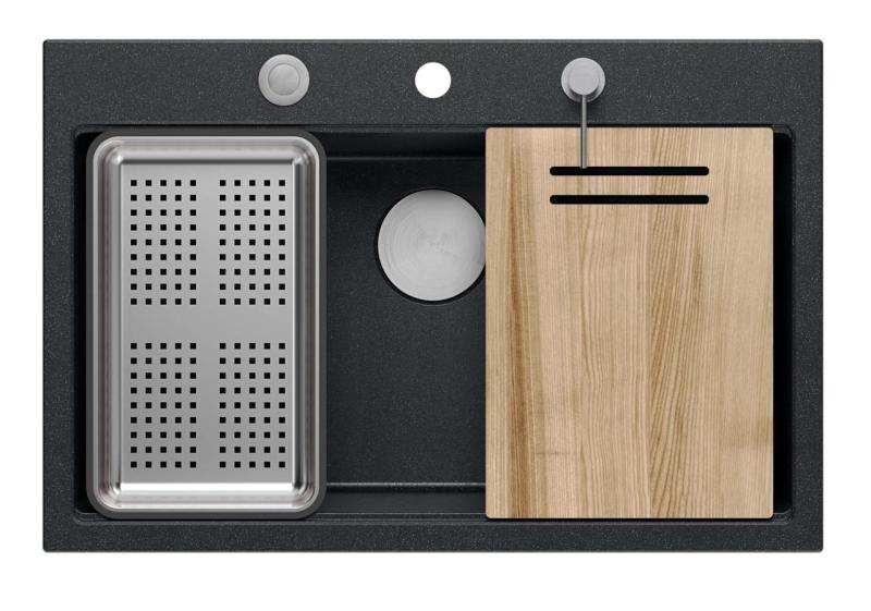 Quadri matowa czarna granitowa duża umywalka nablatowa Hard Rock 76x50 cm, w zestawie akcesoria 1208957201