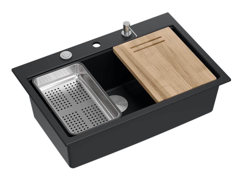 Quadri matowa czarna granitowa duża umywalka nablatowa Hard Rock 76x50 cm, w zestawie akcesoria 1208957201