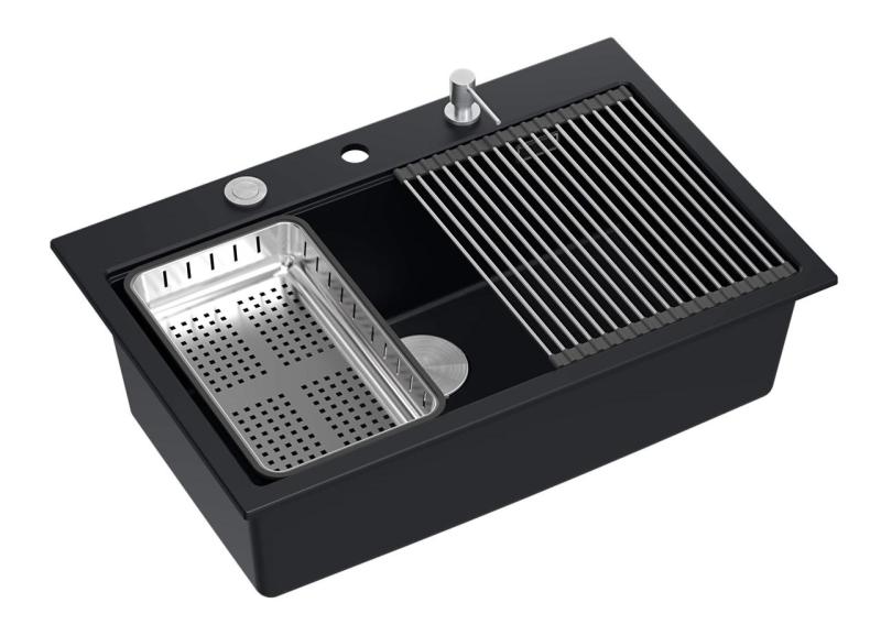 Quadri matowa czarna granitowa duża umywalka nablatowa Hard Rock 76x50 cm, w zestawie akcesoria 1208957201