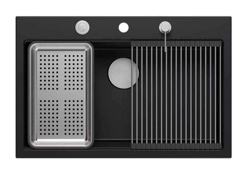 Quadri matowa czarna granitowa duża umywalka nablatowa Hard Rock 76x50 cm, w zestawie akcesoria 1208957201