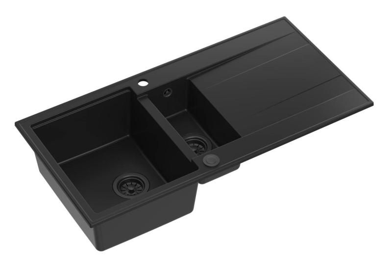 Quadri Luton czarny granitowy zlewozmywak nablatowy 1,5 komory z ociekaczem, odwracalny, 100x50 cm, z czarnym korkiem 1208957329