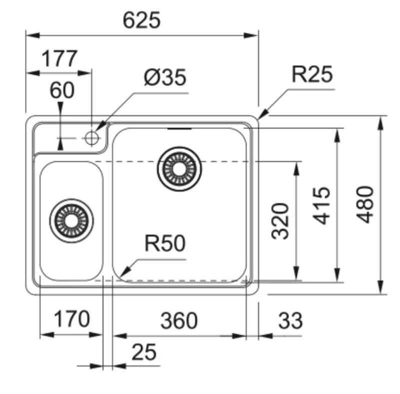 Franke zlew Bellissimo BCX 260 do płaskiego montażu, w tym otwór na baterię 625x480mm 127.0691.229
