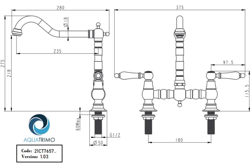 AquaTrimo Country 2-otworowa klasyczna bateria kuchenna nostalgiczna mostkowa z zakrzywionym wylotem chrom 21CT7657CM
