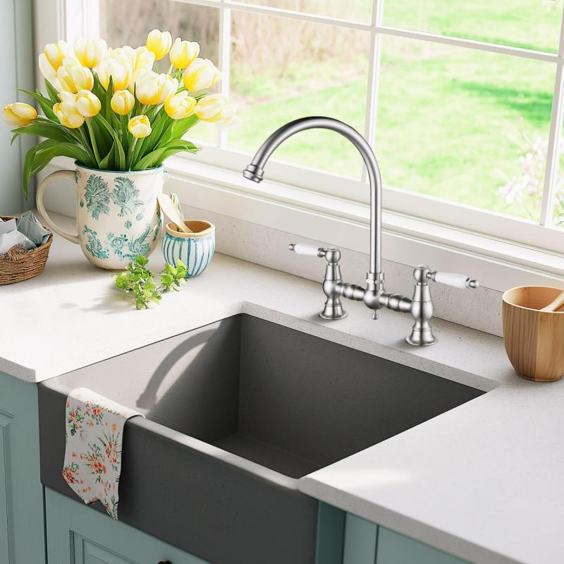 AquaTrimo Country 2-otworowa klasyczna bateria kuchenna w stylu nostalgicznym z łukowym wylewem, kolor nierdzewna stal (RVS), model 21CT7655NM