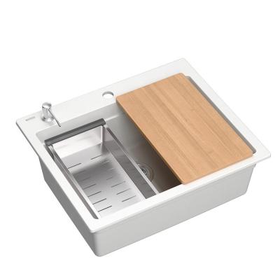 Quadri Durham biały granitowy zlewozmywak 595x500 z dozownikiem do mydła, deską do krojenia, matą do rolowania, wkładką do zlewu i matą do rolowania 1208957903