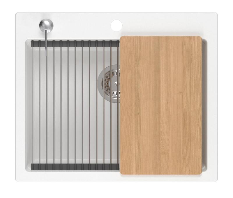 Quadri Durham biały granitowy zlewozmywak 595x500 z dozownikiem do mydła, deską do krojenia, matą do rolowania, wkładką do zlewu i matą do rolowania 1208957903