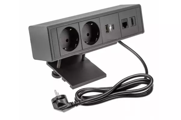 Indux Desk biurko lub stół matowy czarny z uziemionymi gniazdkami (2x) z 1xUSB A, 1xUSB C, 1xRJ45 i 1xHDMI 1208957922