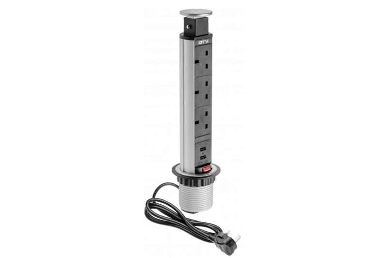 Przedłużacz biurkowy 60 mm, 3 gniazda brytyjskie, 2 gniazda USB 2,1 A 5 V (srebrny) WERSJA ANGIELSKA 1208958629