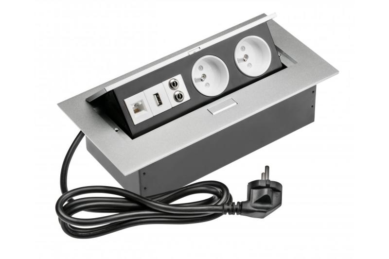 Przedłużacz biurkowy 2x gniazdo z uziemieniem, gn. USB, audio (banan), gn. RJ45, kabel zasilający z wtyczką, alu 1208958677