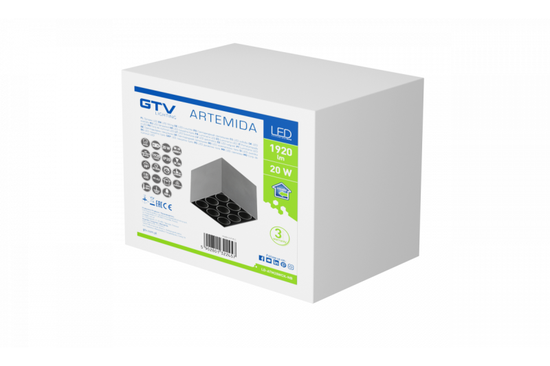Dekoracyjna oprawa LED ARTEMIDA 20W 1920lm AC220-240V 50/60 Hz PF>0,9 Ra≥80 IP20 IK08 4000K 38° kwadratowa czarna. 1208962642