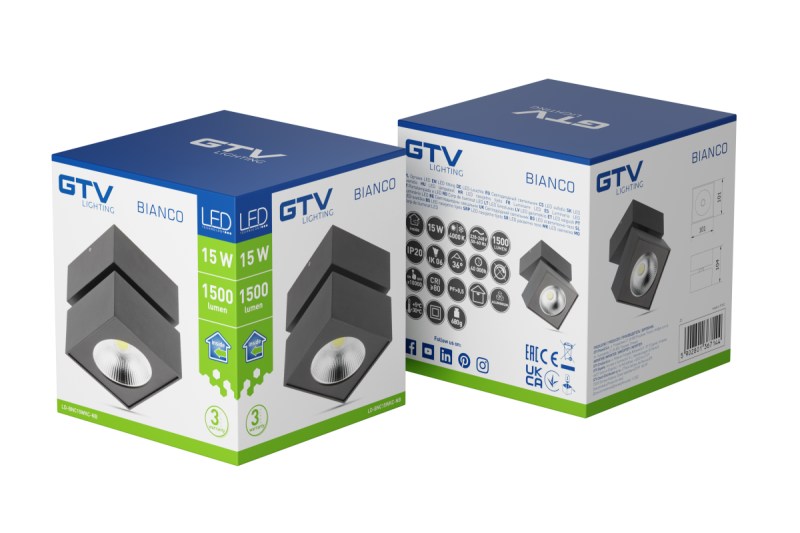 Oświetlenie dekoracyjne LED BIANCO 15W 1500lm AC220-240V 50/60 Hz PF> 0.5 Ra≥80 IP20 IK06.36° 4000K kwadratowe czarne. 1208962666