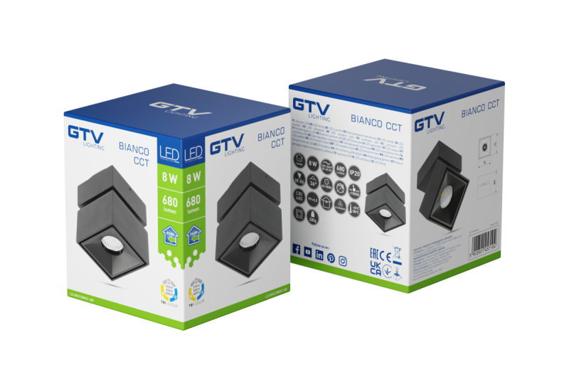 Dekoracyjna oprawa LED BIANCO CCT 8W 680lm AC220-240V 50/60 Hz Ra≥80 IP20 36° 2700/3300/4000K kwadratowa czarna. 1208962676