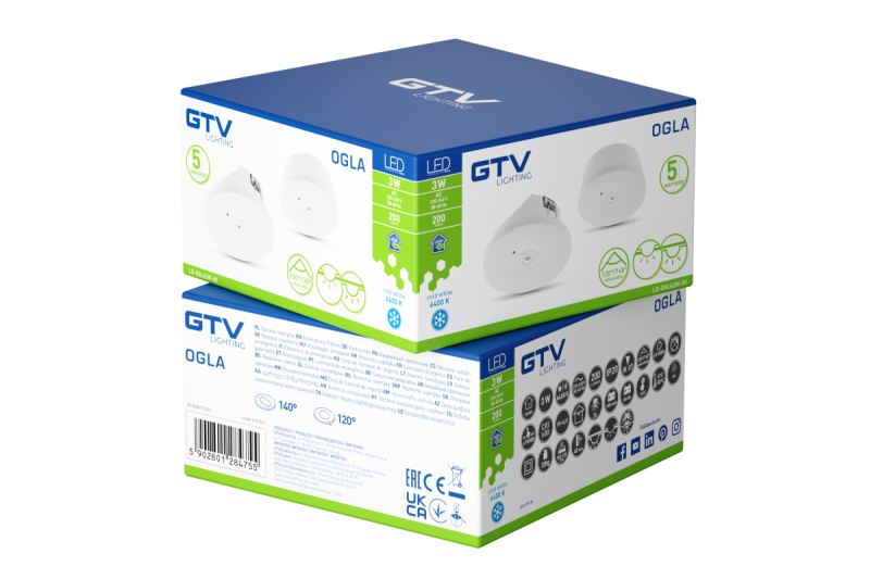 Oświetlenie awaryjne OGLA LED, 3W, 200lm, AC220-240V, 50-60Hz, IP20, 6400K, 3H, pojedyncze zadanie, przycisk TEST 1208963016