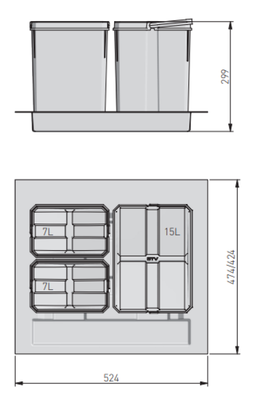 Garbi Basket B-60-3 sorteerafvalsysteem voor lade van 60 cm inclusief houder en 3 afvalbakken 1208964399.