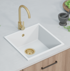 GraniteMy Universele granieten witte spoelbak 40x40 cm, wit, opbouw, onderbouw en vlakbouw met rvs plug 1208966879