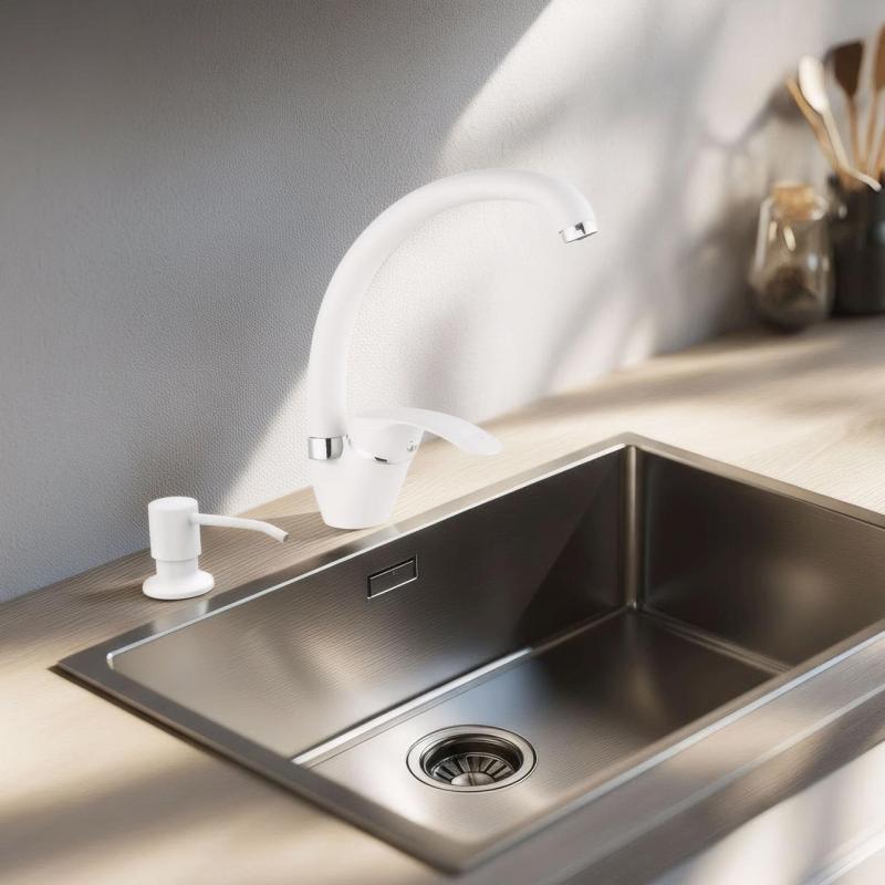 Quadri biała bateria kuchenna zestaw z wbudowanym dozownikiem mydła i regulowanym wkładem białym 1208966928