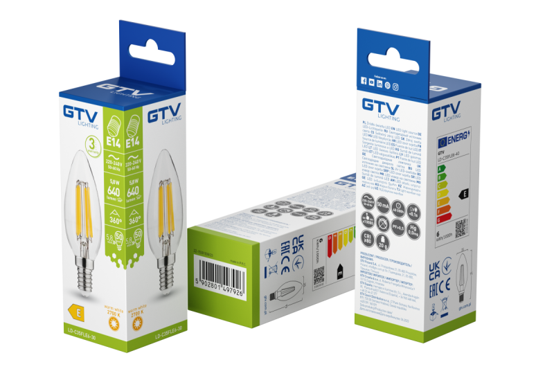 ŹRÓDŁO ŚWIATŁA LED, FILAMENT, A-G, C35, 2700K, E14, 5,8W, AC220-240V, 360°, 640lm, 50mA 1208966964