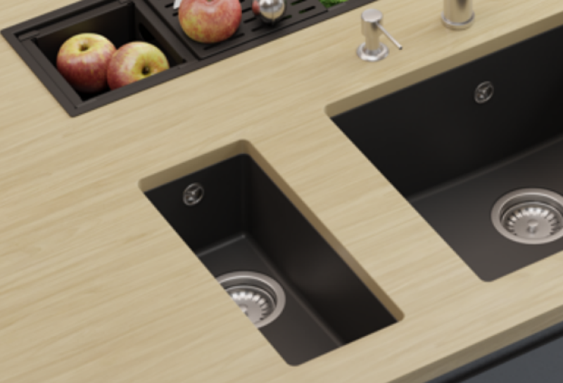 GraniteMy Universele granieten kleine zwarte spoelbak 17x40 cm zwart, voor opbouw, onderbouw en vlakbouw, met RVS plug 1208967105