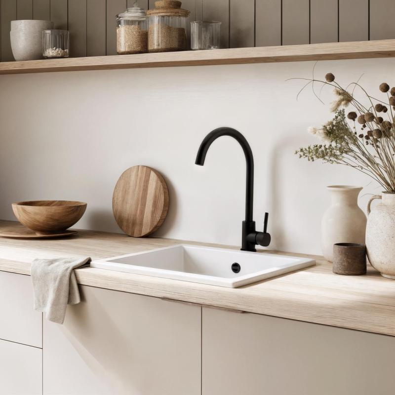 GraniteMy Universele granieten witte spoelbak 34x40 cm wit opbouw onderbouw en vlakbouw met roestvrijstalen plug 1208967107